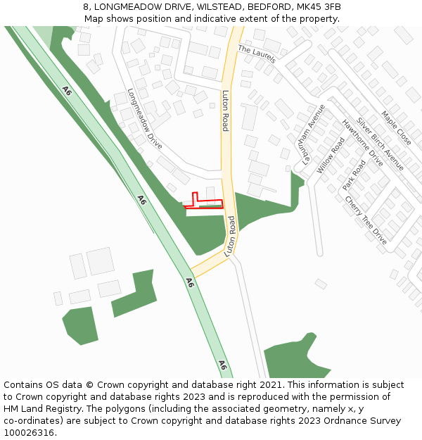 8, LONGMEADOW DRIVE, WILSTEAD, BEDFORD, MK45 3FB: Location map and indicative extent of plot