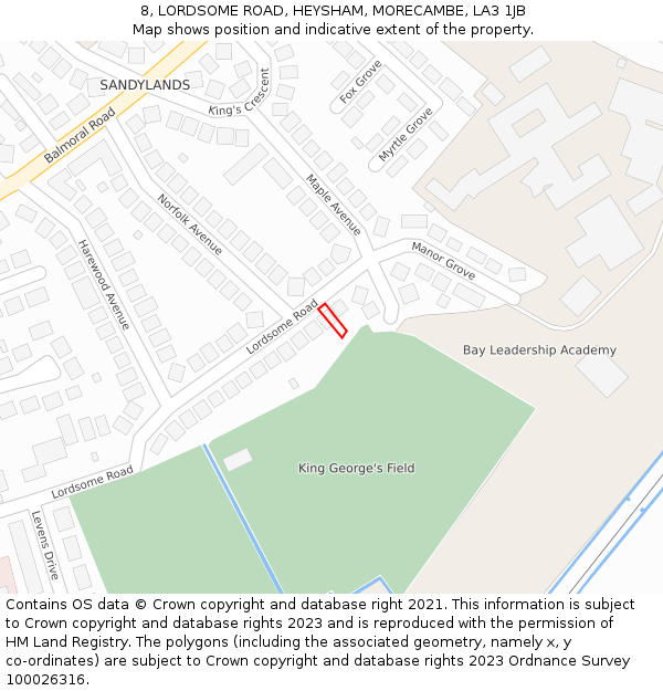 8, LORDSOME ROAD, HEYSHAM, MORECAMBE, LA3 1JB: Location map and indicative extent of plot