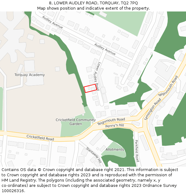 8, LOWER AUDLEY ROAD, TORQUAY, TQ2 7PQ: Location map and indicative extent of plot