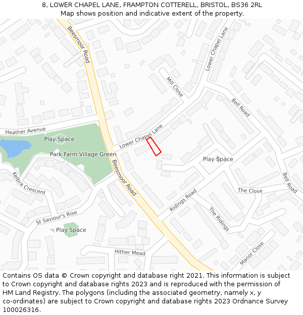 8, LOWER CHAPEL LANE, FRAMPTON COTTERELL, BRISTOL, BS36 2RL: Location map and indicative extent of plot