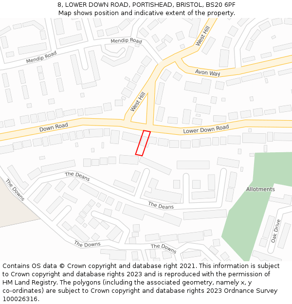 8, LOWER DOWN ROAD, PORTISHEAD, BRISTOL, BS20 6PF: Location map and indicative extent of plot