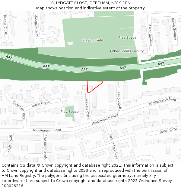 8, LYDGATE CLOSE, DEREHAM, NR19 1EN: Location map and indicative extent of plot