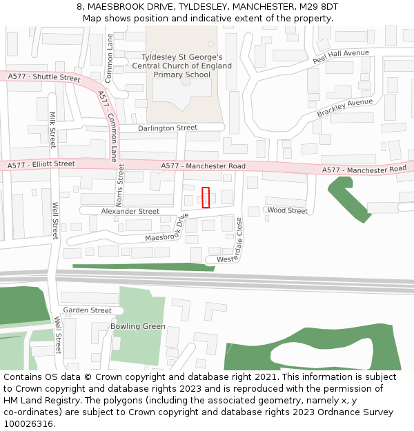 8, MAESBROOK DRIVE, TYLDESLEY, MANCHESTER, M29 8DT: Location map and indicative extent of plot