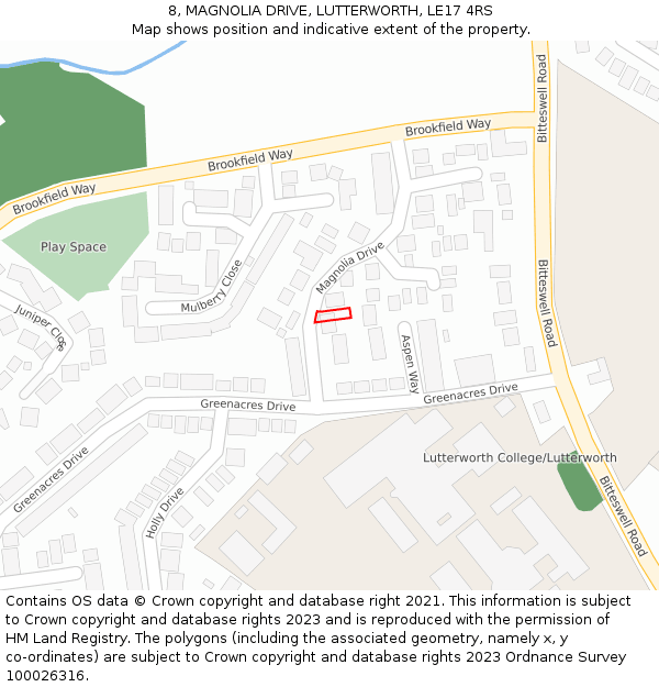 8, MAGNOLIA DRIVE, LUTTERWORTH, LE17 4RS: Location map and indicative extent of plot