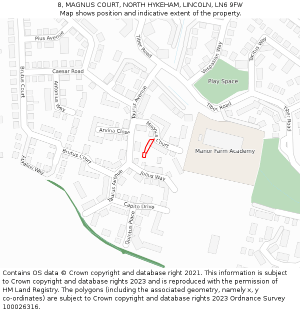 8, MAGNUS COURT, NORTH HYKEHAM, LINCOLN, LN6 9FW: Location map and indicative extent of plot