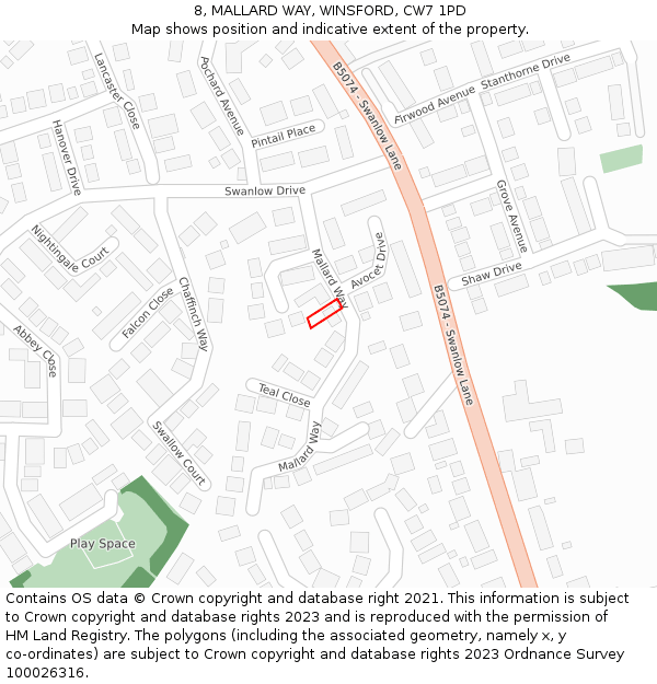 8, MALLARD WAY, WINSFORD, CW7 1PD: Location map and indicative extent of plot