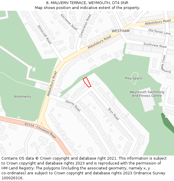 8, MALVERN TERRACE, WEYMOUTH, DT4 0NR: Location map and indicative extent of plot