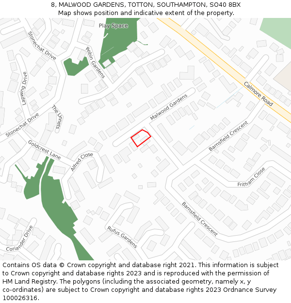 8, MALWOOD GARDENS, TOTTON, SOUTHAMPTON, SO40 8BX: Location map and indicative extent of plot