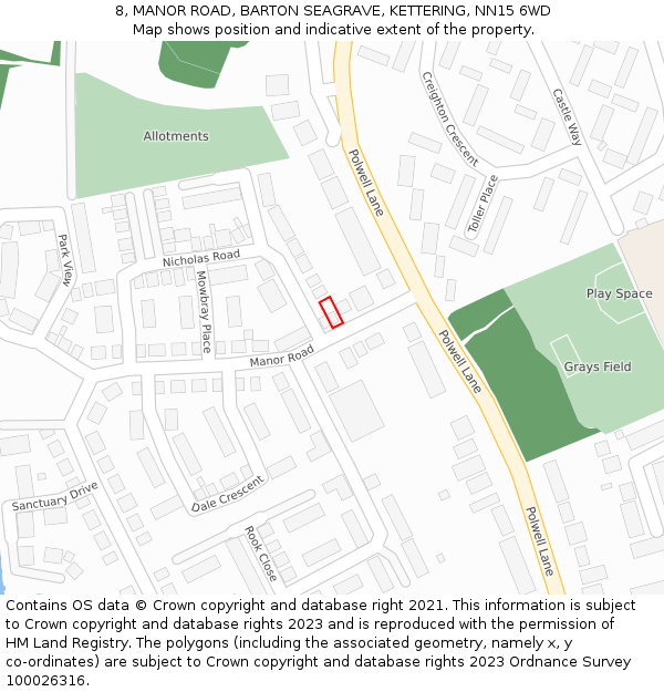 8, MANOR ROAD, BARTON SEAGRAVE, KETTERING, NN15 6WD: Location map and indicative extent of plot