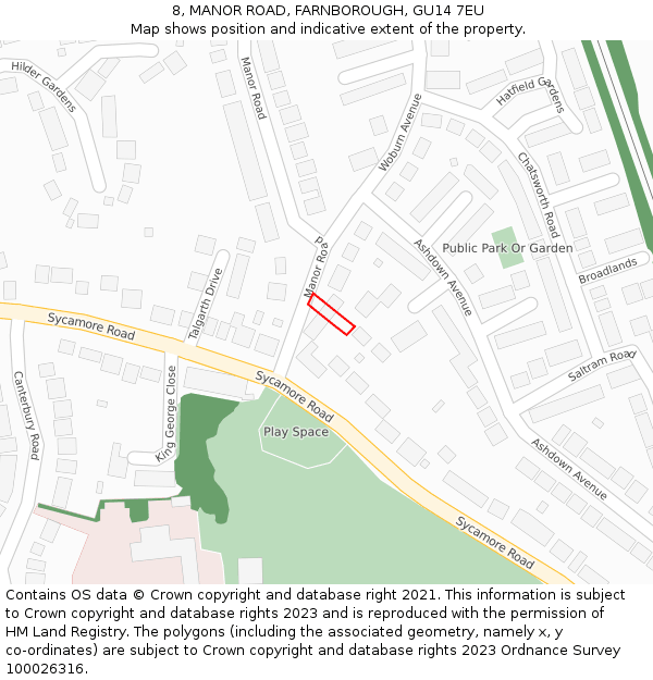 8, MANOR ROAD, FARNBOROUGH, GU14 7EU: Location map and indicative extent of plot