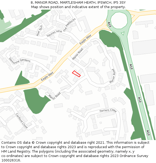 8, MANOR ROAD, MARTLESHAM HEATH, IPSWICH, IP5 3SY: Location map and indicative extent of plot