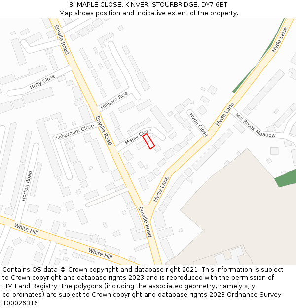 8, MAPLE CLOSE, KINVER, STOURBRIDGE, DY7 6BT: Location map and indicative extent of plot