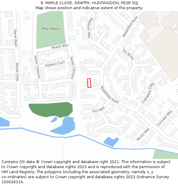 8, MAPLE CLOSE, SAWTRY, HUNTINGDON, PE28 5QJ: Location map and indicative extent of plot