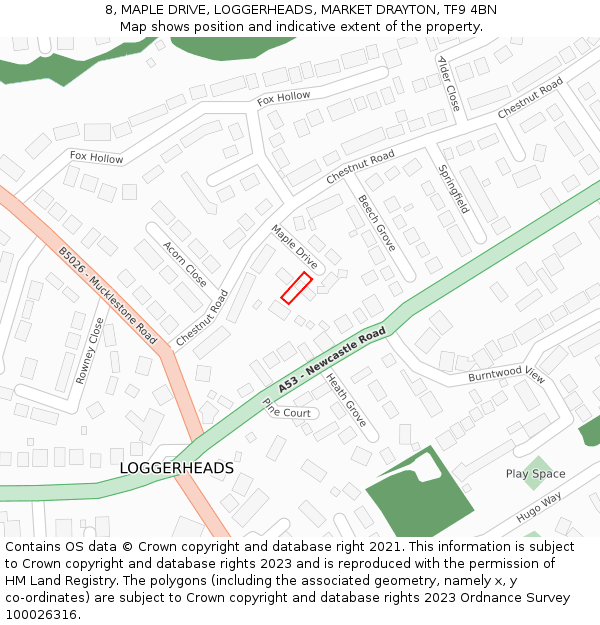 8, MAPLE DRIVE, LOGGERHEADS, MARKET DRAYTON, TF9 4BN: Location map and indicative extent of plot