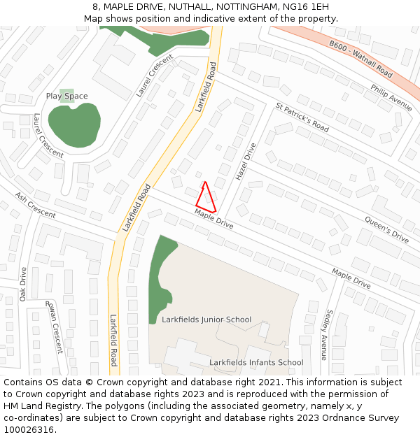 8, MAPLE DRIVE, NUTHALL, NOTTINGHAM, NG16 1EH: Location map and indicative extent of plot