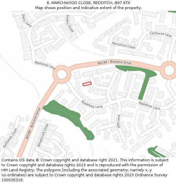 8, MARCHWOOD CLOSE, REDDITCH, B97 6TX: Location map and indicative extent of plot