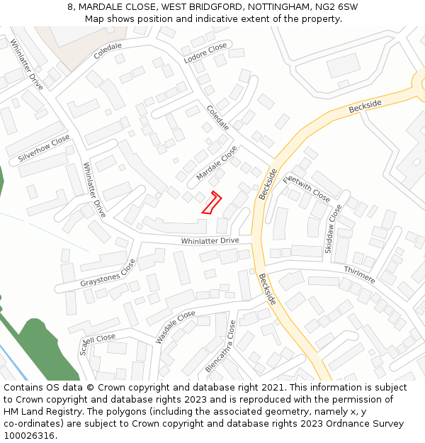 8, MARDALE CLOSE, WEST BRIDGFORD, NOTTINGHAM, NG2 6SW: Location map and indicative extent of plot