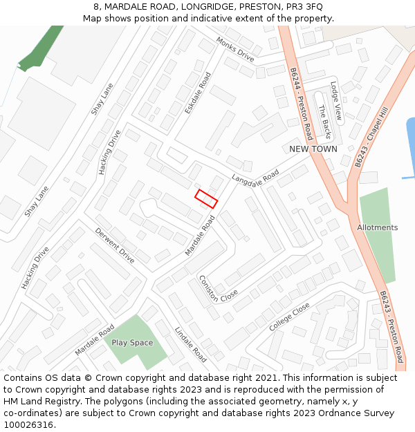 8, MARDALE ROAD, LONGRIDGE, PRESTON, PR3 3FQ: Location map and indicative extent of plot