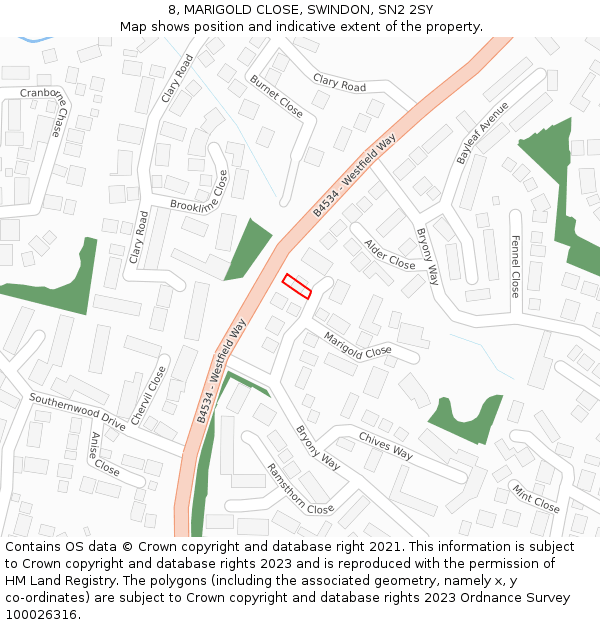 8, MARIGOLD CLOSE, SWINDON, SN2 2SY: Location map and indicative extent of plot