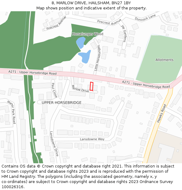 8, MARLOW DRIVE, HAILSHAM, BN27 1BY: Location map and indicative extent of plot