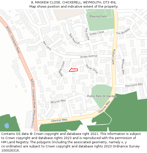 8, MASKEW CLOSE, CHICKERELL, WEYMOUTH, DT3 4NL: Location map and indicative extent of plot