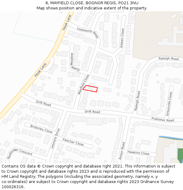 8, MAYFIELD CLOSE, BOGNOR REGIS, PO21 3NU: Location map and indicative extent of plot