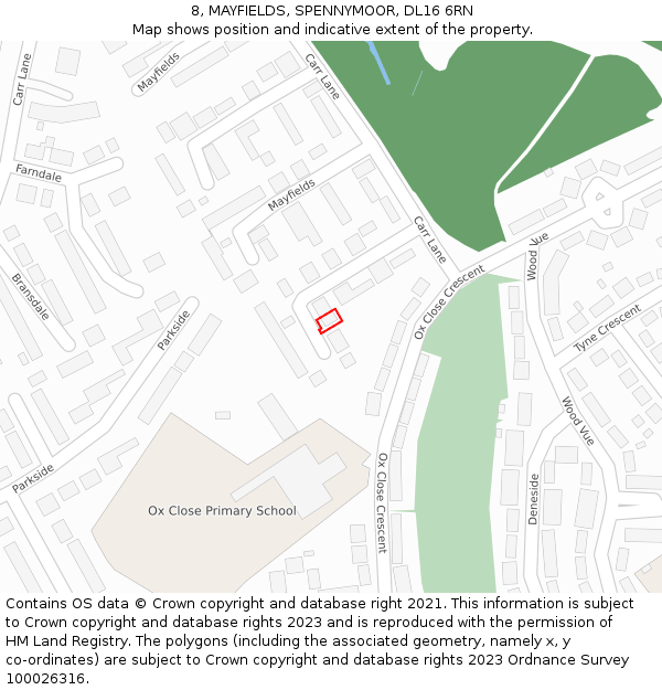 8, MAYFIELDS, SPENNYMOOR, DL16 6RN: Location map and indicative extent of plot