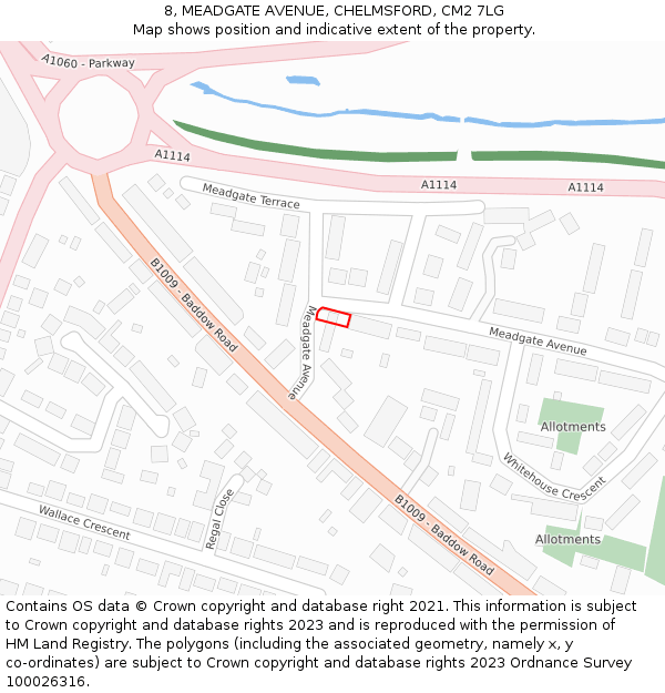 8, MEADGATE AVENUE, CHELMSFORD, CM2 7LG: Location map and indicative extent of plot