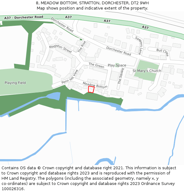 8, MEADOW BOTTOM, STRATTON, DORCHESTER, DT2 9WH: Location map and indicative extent of plot