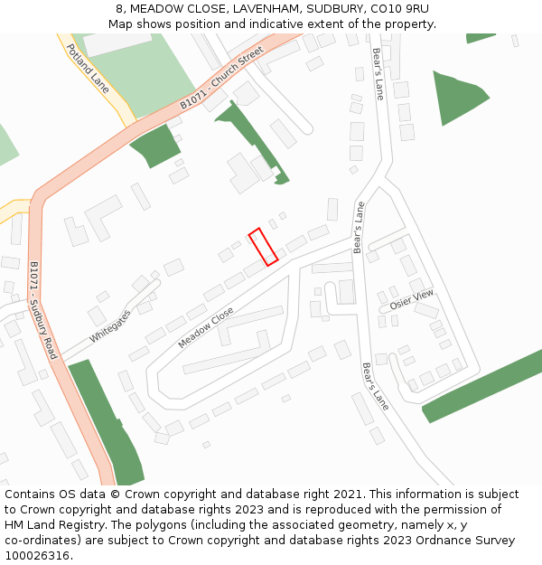 8, MEADOW CLOSE, LAVENHAM, SUDBURY, CO10 9RU: Location map and indicative extent of plot