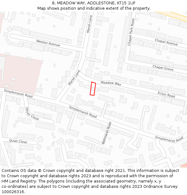 8, MEADOW WAY, ADDLESTONE, KT15 1UF: Location map and indicative extent of plot