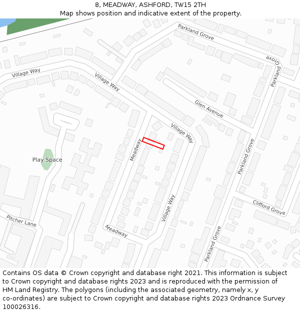 8, MEADWAY, ASHFORD, TW15 2TH: Location map and indicative extent of plot