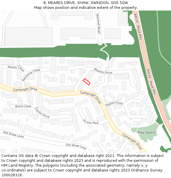 8, MEARES DRIVE, SHAW, SWINDON, SN5 5QW: Location map and indicative extent of plot