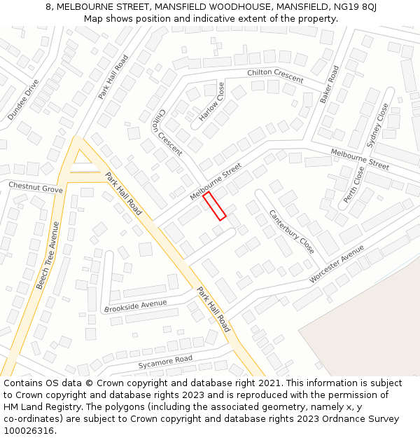 8, MELBOURNE STREET, MANSFIELD WOODHOUSE, MANSFIELD, NG19 8QJ: Location map and indicative extent of plot