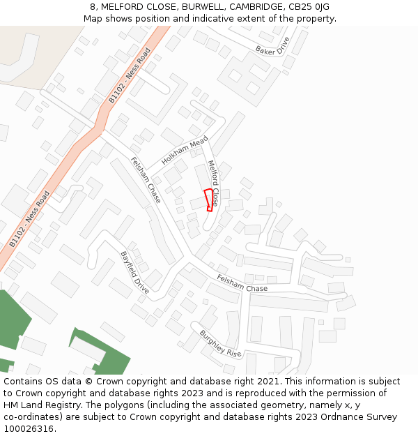 8, MELFORD CLOSE, BURWELL, CAMBRIDGE, CB25 0JG: Location map and indicative extent of plot