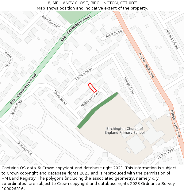 8, MELLANBY CLOSE, BIRCHINGTON, CT7 0BZ: Location map and indicative extent of plot