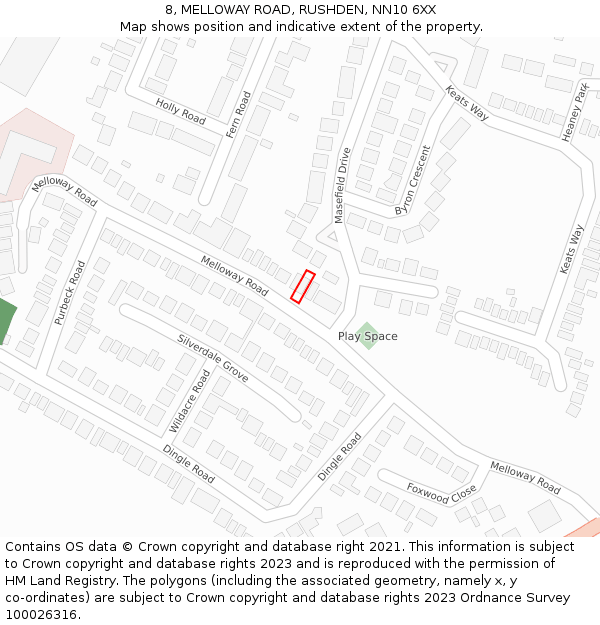 8, MELLOWAY ROAD, RUSHDEN, NN10 6XX: Location map and indicative extent of plot