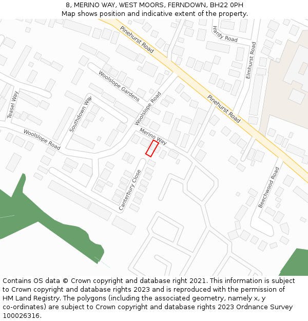 8, MERINO WAY, WEST MOORS, FERNDOWN, BH22 0PH: Location map and indicative extent of plot
