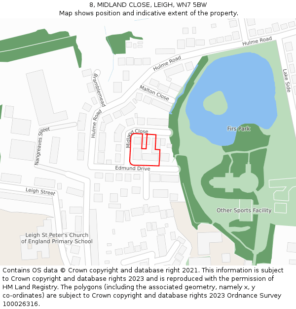 8, MIDLAND CLOSE, LEIGH, WN7 5BW: Location map and indicative extent of plot