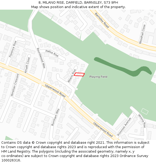 8, MILANO RISE, DARFIELD, BARNSLEY, S73 9PH: Location map and indicative extent of plot