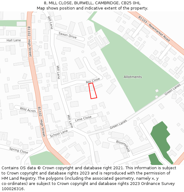 8, MILL CLOSE, BURWELL, CAMBRIDGE, CB25 0HL: Location map and indicative extent of plot