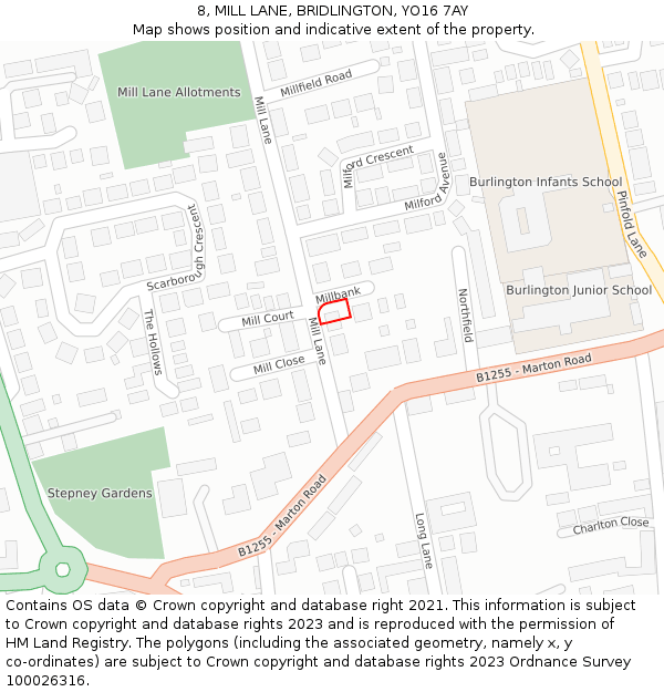 8, MILL LANE, BRIDLINGTON, YO16 7AY: Location map and indicative extent of plot