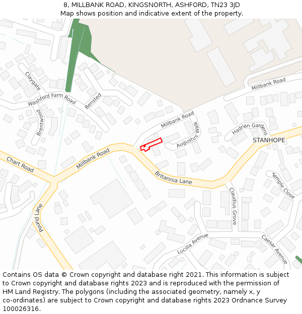 8, MILLBANK ROAD, KINGSNORTH, ASHFORD, TN23 3JD: Location map and indicative extent of plot