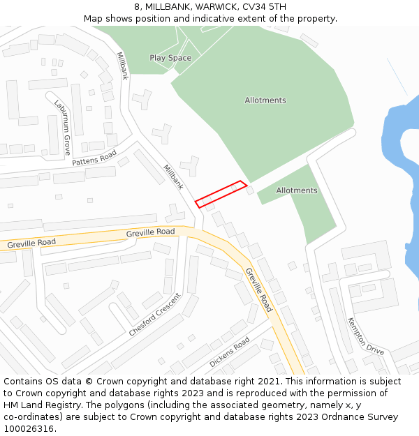 8, MILLBANK, WARWICK, CV34 5TH: Location map and indicative extent of plot