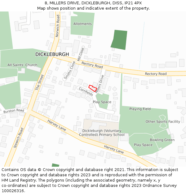 8, MILLERS DRIVE, DICKLEBURGH, DISS, IP21 4PX: Location map and indicative extent of plot