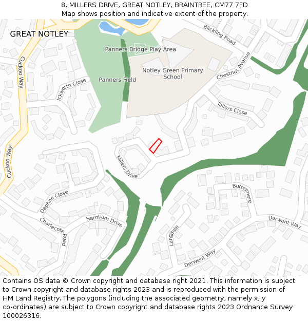 8, MILLERS DRIVE, GREAT NOTLEY, BRAINTREE, CM77 7FD: Location map and indicative extent of plot