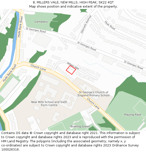 8, MILLERS VALE, NEW MILLS, HIGH PEAK, SK22 4QT: Location map and indicative extent of plot