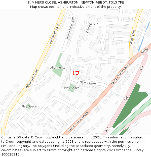 8, MINERS CLOSE, ASHBURTON, NEWTON ABBOT, TQ13 7FE: Location map and indicative extent of plot