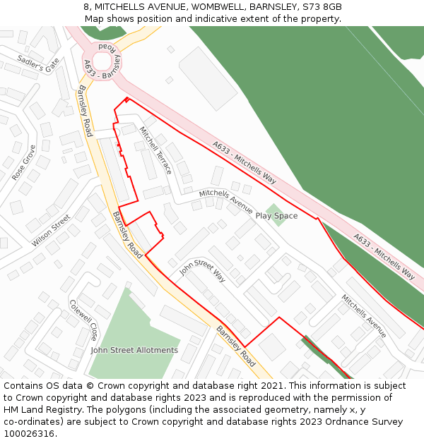 8, MITCHELLS AVENUE, WOMBWELL, BARNSLEY, S73 8GB: Location map and indicative extent of plot