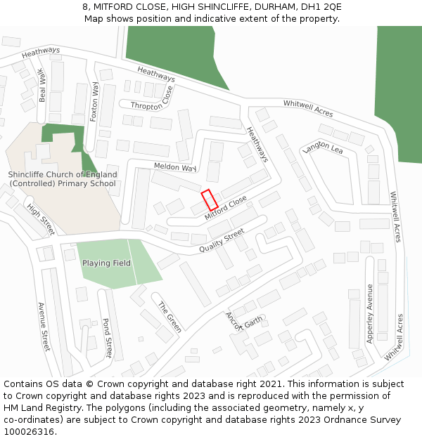 8, MITFORD CLOSE, HIGH SHINCLIFFE, DURHAM, DH1 2QE: Location map and indicative extent of plot